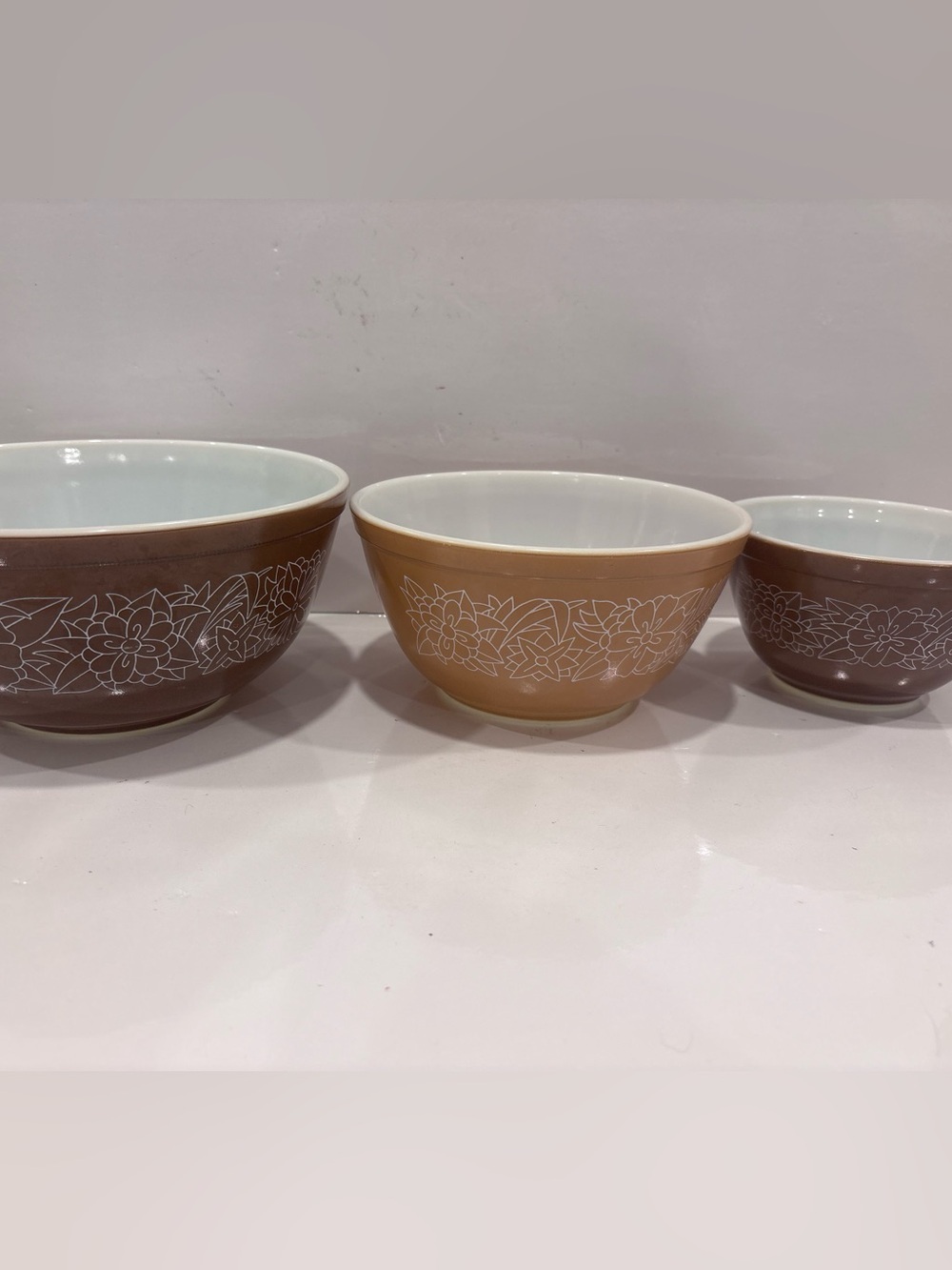 Vintage Pyrex woodland brown mixing bowls set of 3 401 402 403 floral nesting